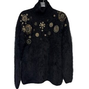Vango Black Angora Vintage Blend Beaded Embellished Turtleneck Sweater L‎